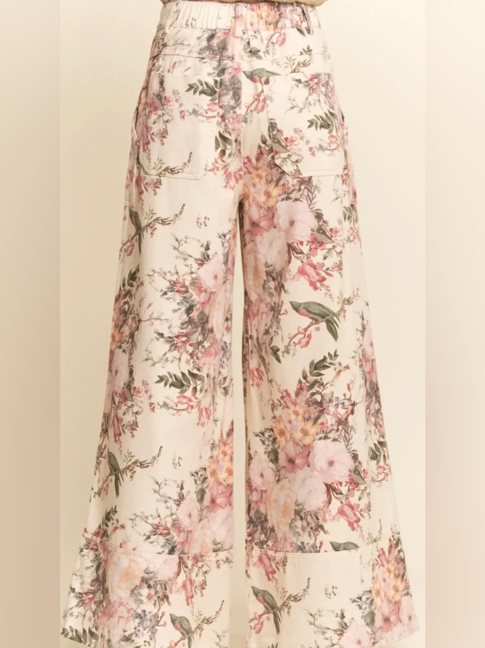 Davi & Dani Floral Vintage Botanical Bird Print Boho Wide Leg Pants Cream Medium